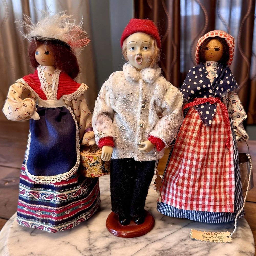 3pc VTG Fait A La Main Jeannette Katz Doll French Canada 9" Handmade Wood Fabric